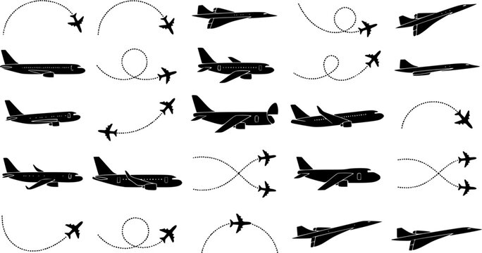 Modern Airplane Icons and Flight Path Silhouette Vector Set, Aviation Travel Graphic Resources