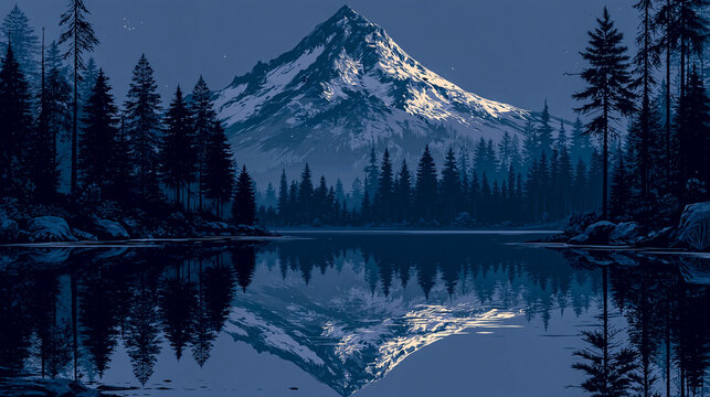 Snow capped mountain peak reflecting in calm lake at twilight