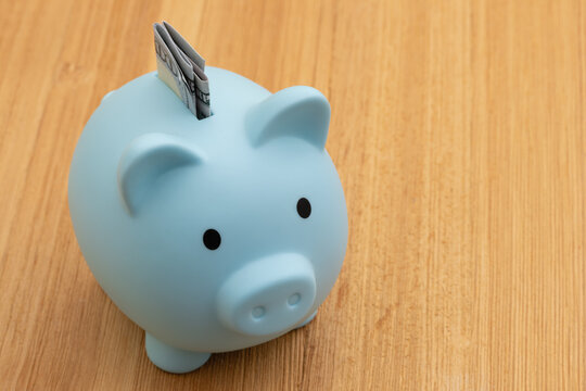 Blue piggy bank with money on wood desk