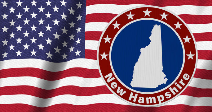 New Hampshire map with stars on a US red, white and blue road sign