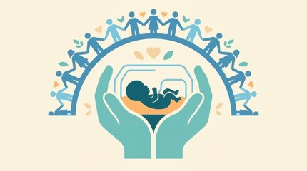 Naklejka premium Hands holding an incubator with a premature baby inside, representing support from medical professionals and community for neonatal care.