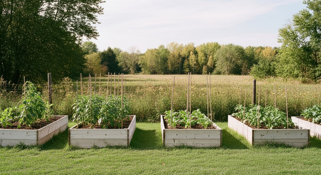 Vegetable garden featuring raised wooden beds sits in a lush green backyard against a natural forest background.