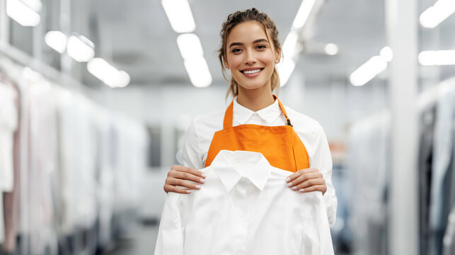 Professional laundry service concept with smiling employee holding freshly washed shirt in modern facility