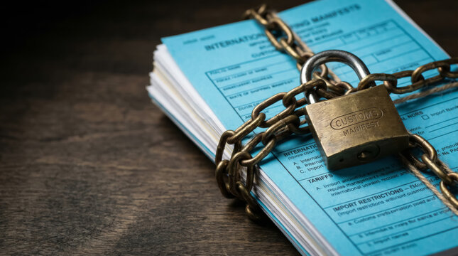 Customs documents secured with chain and lock on wood surface