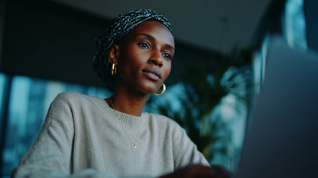 360-degree arc tracking cinematic shot of an inspired Black woman specialist working on a laptop in a stylish modern office, confident and focused expression, brainstorming creativ