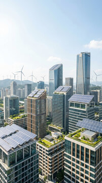 Sustainable urban skyline with solar panels and wind turbines