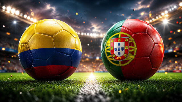 Colombia vs Portugal soccer match concept with national flag balls in illuminated stadium
