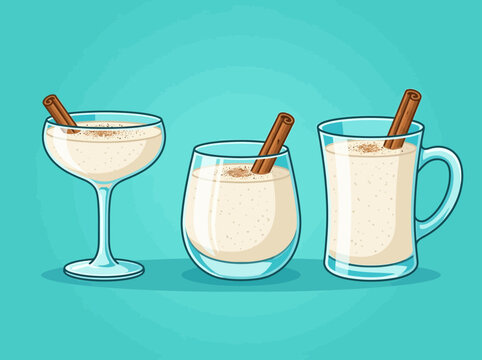 Three glasses of festive eggnog with cinnamon sticks, perfect for holiday celebrations
