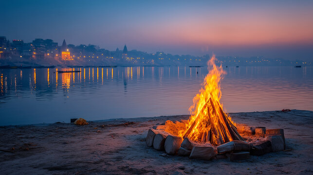 Ritual Bonfire at Sunset on the Ganges River, Varanasi India Spiritual Ceremony A mesmerizing and authentic high-resolution photograph capturing a sacred ritual bonfire burning bri