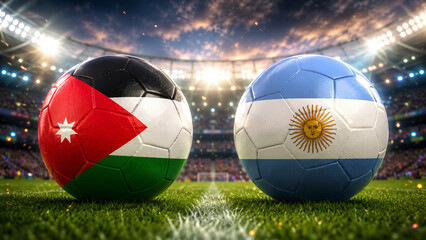 Naklejka premium Jordan vs Argentina soccer match concept with national flag balls in illuminated stadium