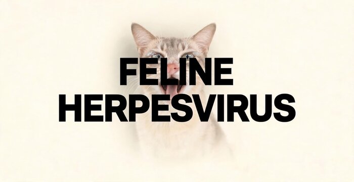 A close-up shot of a feline herpesvirus-affected cat's face, highlighting the distressed appearance and the bold typography of the phrase FELINE HERPESVIRUS centered in the frame.