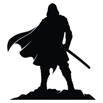 Dark silhouette of a cloaked warrior holding a sword standing on a rocky surface.