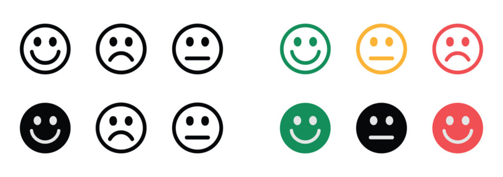 Emotional Spectrum Icons: A collection of simple smiley face icons representing a range of emotions from happy to sad. customer feedback, rating system, mood indicator, user experience.