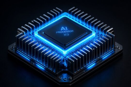 Ai processor chip glowing with blue light on cooling heatsink
