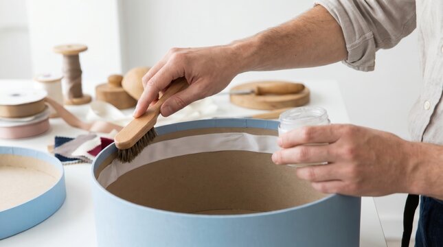 Person using a brush to apply paste to the inside rim of a blue round cardboard hat box