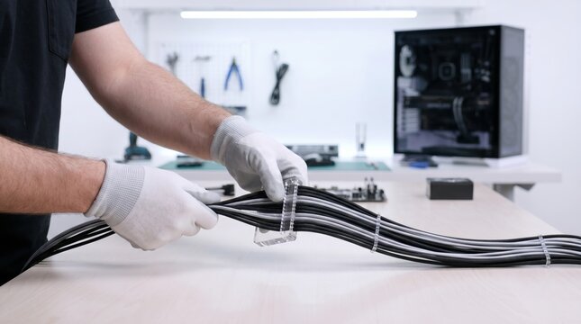 PC builder wearing gloves organizing sleeved computer cables with a clear acrylic cable comb