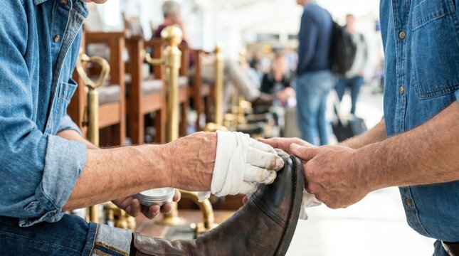 Shoe shiner buffing a customer's brown leather boot with a cloth at a public stand