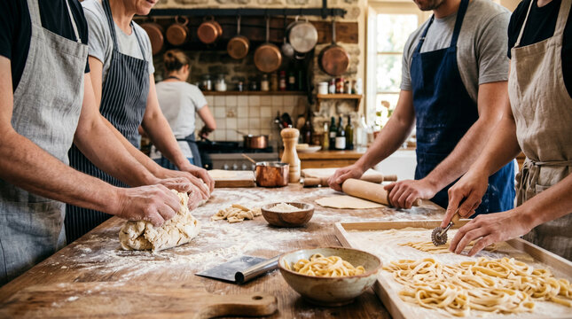 Family baking pasta together in rustic kitchen with flour on table