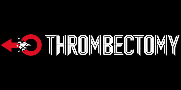 A stylized graphic represents thrombectomy, featuring a red circular arrow with an abstract element breaking apart, pointing left, alongside bold, white typography spelling THROMBECTOMY.