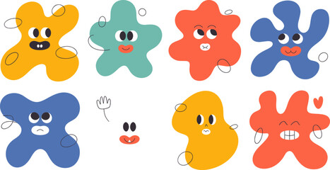 Naklejka premium Playful abstract character set colorful blob creatures with faces for children's illustration and design