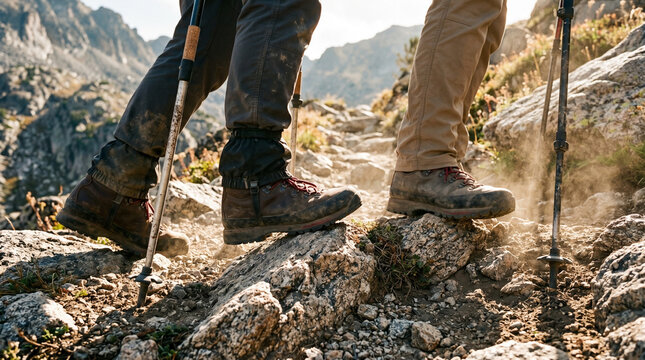 Hikers with trekking poles ascend rocky mountain trail, close-up on boots