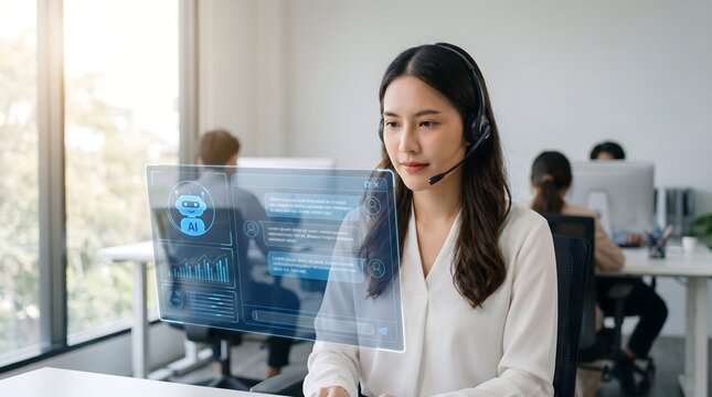 Professional customer service representative using aipowered holographic interface in a modern office environment