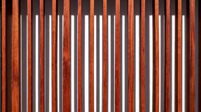 Modern wooden slat screen illuminated by sunlight, casting striking vertical shadows