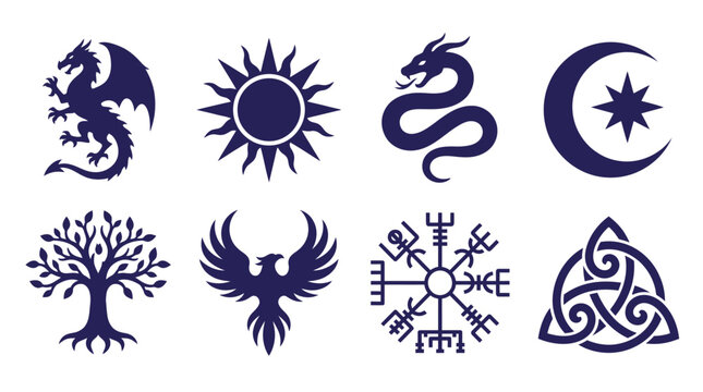 Black dragon and viking pagan mystical symbols.
