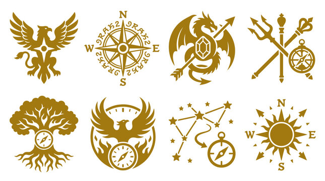 Gold mythical creature and vintage navigational symbols.