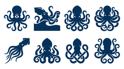 Dark blue octopus and squid silhouettes for nautical designs. © Marakawulo
