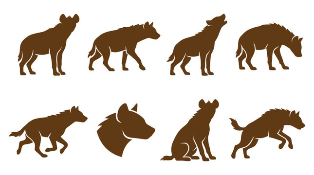 Dark brown hyena silhouette icon set for wildlife.