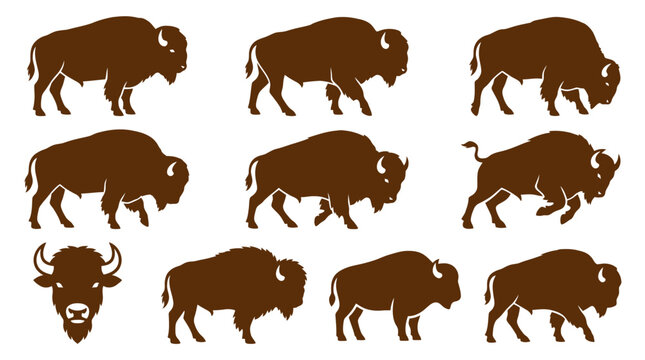 Collection of brown buffalo and bison silhouettes and head.