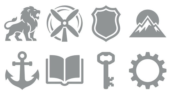 Grey miscellaneous adventure and utility icon set.