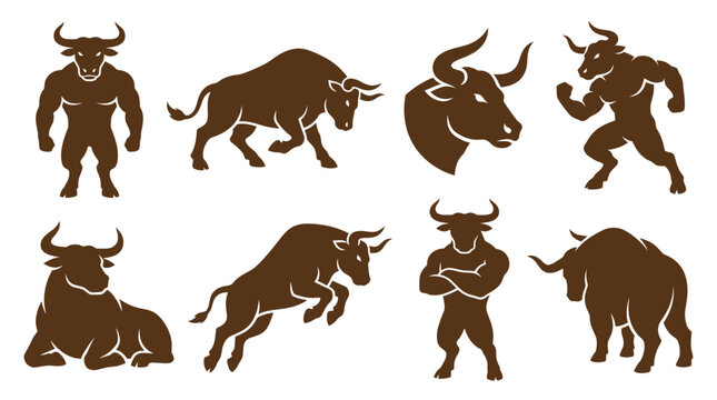 Minotaur and bull monster silhouettes in brown color.