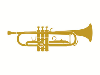 Fototapeta premium Golden Trumpet Silhouette Isolated on White Background, Brass Musical Instrument