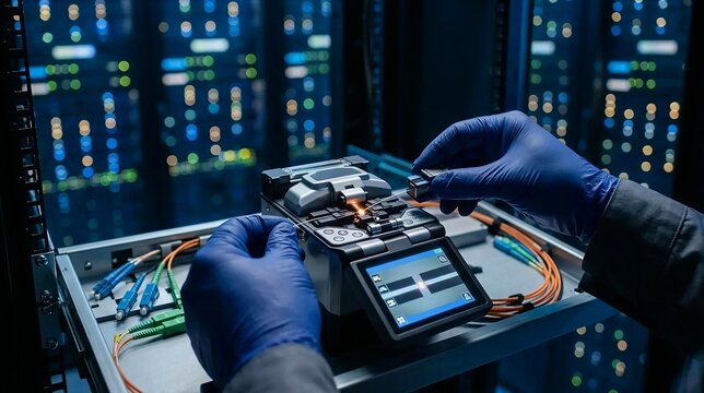 Network Engineer Using Fusion Splicer Machine for Fiber Optic Cable Splicing Inside Data Center Server Room