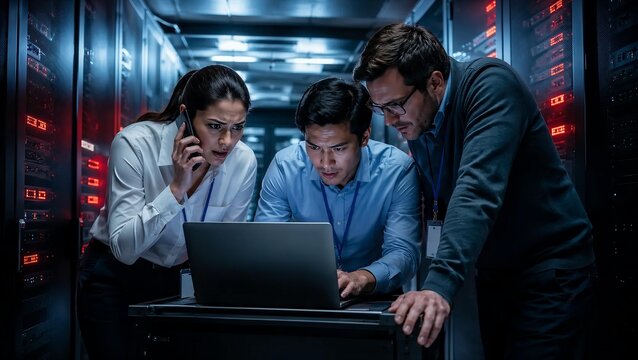 Stressed IT Engineering Team Resolving Critical System Failure and Server Crisis on Laptop in Data Center