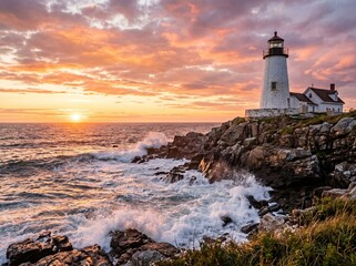Fototapeta premium White lighthouse standing on rocky coastline during vibrant sunset with crashing waves