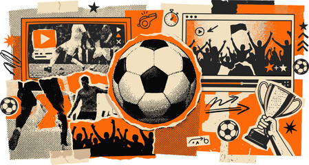Vintage soccer collage with football ball and players, retro sports banner with fans and trophy, orange and black textured athletic vector illustration © 成 sнıηяα тєηsєı ツ