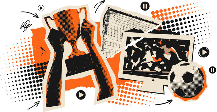 Retro soccer collage with trophy and ball, vintage sports broadcast illustration, orange and black halftone football vector art