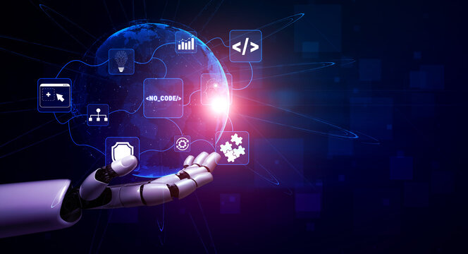 Futuristic Robot Hand Reaching for Digital Globe with Icons Representing Technology and Innovation in a Virtual Environment Quark.