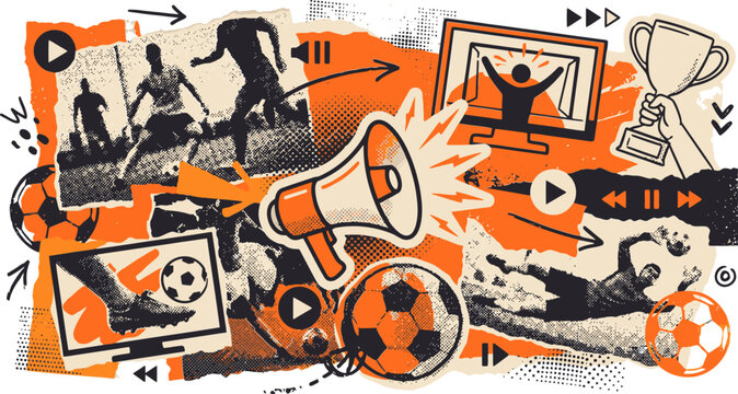 Dynamic soccer collage vector, orange and black football sports background, mixed media collage with megaphone and trophy, athletic soccer broadcast design