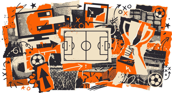 Vintage soccer collage with football players and pitch, retro sports scrapbooking vector, orange and black athletic competition background