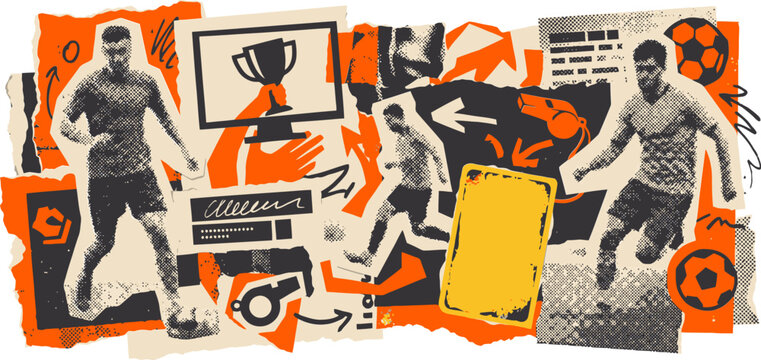 Dynamic soccer collage vector, vintage sports scrapbook with football players and trophy, orange and black mixed media zine art for athletic posters