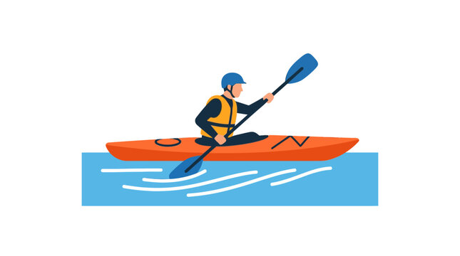 Man in life jacket paddling orange kayak on water.