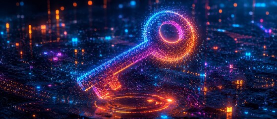 Obraz premium Glowing neon digital key hologram suspended above a futuristic circuit landscape, symbolizing cybersecurity, encryption, access control, blockchain auth, and data protection