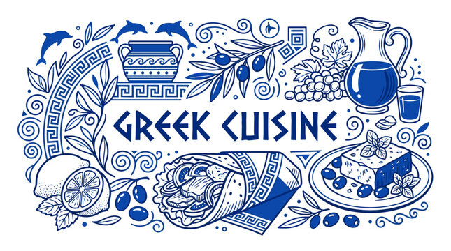 Greek Cuisine Monochromatic Vector Illustration with Traditional Mediterranean Food Elements and Ornate Hellenic Patterns