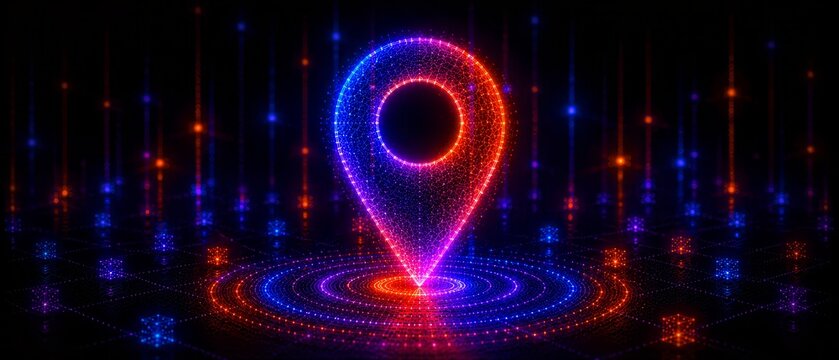 Glowing neon holographic location pin made of luminous particles and concentric ripple rings, projecting a futuristic digital map marker in blue and red data visualization