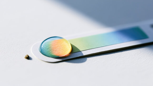 Soil ph test strip with color changing droplet on paper, minimalist macro scene with soft shadow and white copy space