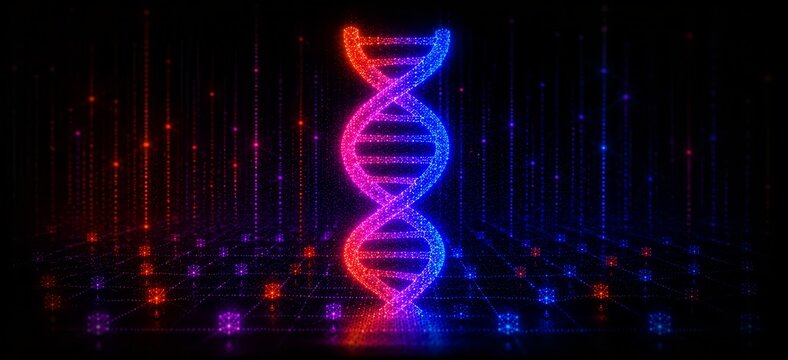 Luminous neon DNA double helix hologram hovering above a glowing digital grid in vibrant blue and red, a futuristic biotech data visualization of molecular structure and networks.